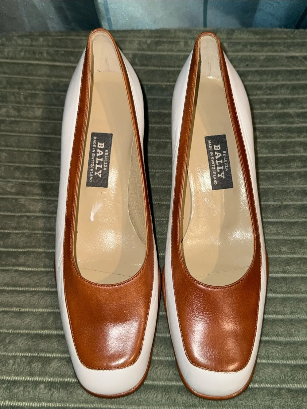 Bally White and Brown Leather Block Heel Pumps